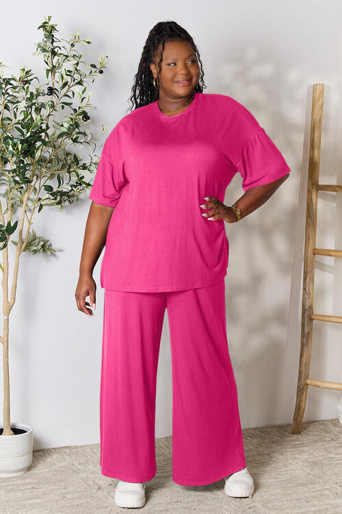 Double Take Full Size Round Neck Slit Top and Pants Set | Solid Stretchy Set