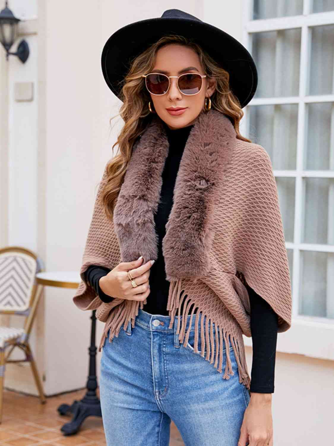 Open Front Fringe Hem Poncho | Casual Solid Fur Stretchy Polyester Poncho