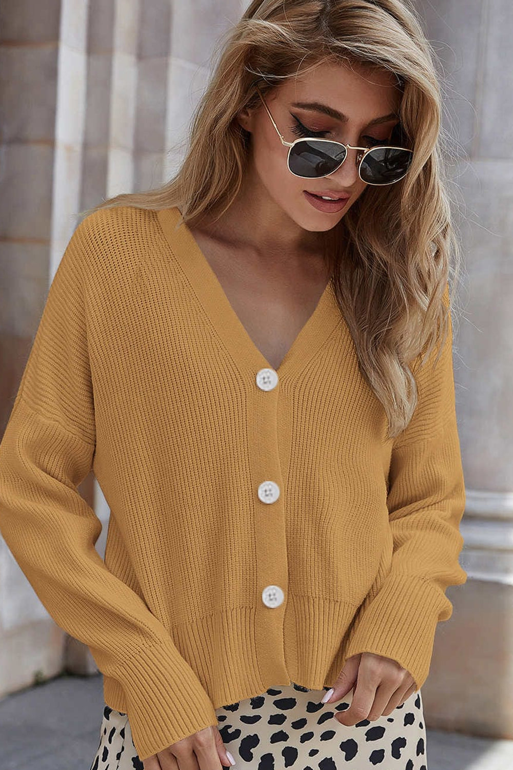 V-Neck Dropped Shoulder Cardigan | Casual Woman's Cardigan With long Sleeves