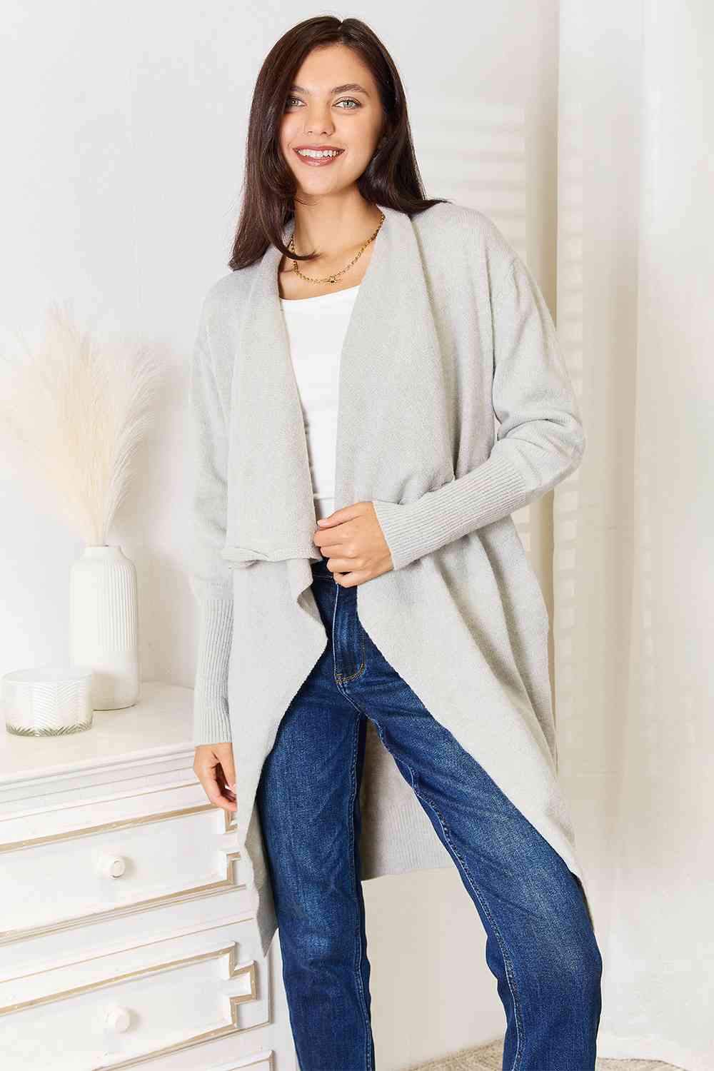 Double Take Open Front Duster Cardigan with Pockets | Cardigan With Ribbed Hem