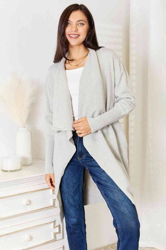 Double Take Open Front Duster Cardigan with Pockets | Cardigan With Ribbed Hem