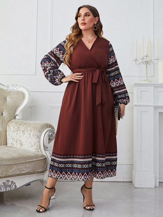 Plus Size Surplice Neck Tie Belt Balloon Sleeve Dress