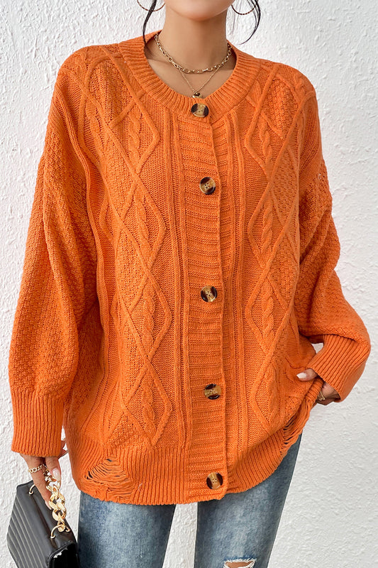 Round Neck Long Sleeve Cardigan | Cable Knit Acrylic Cardigan With Ribbed Hem