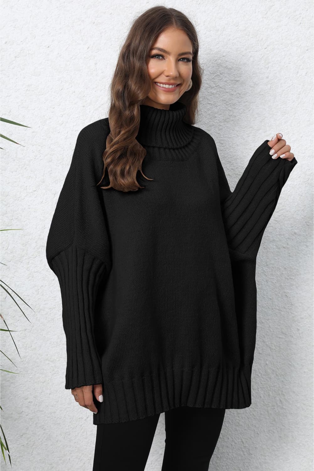 Turtle Neck Long Sleeve Ribbed Sweater | Casual Dolman Sleeve Ribbed Hem Sweater