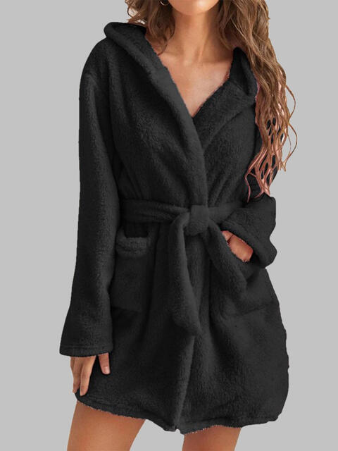 Tie Waist Hooded Robe | Soft Solid Stretched Polyester Robe With Pockets