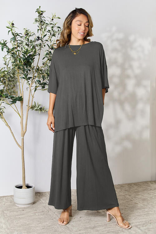 Double Take Full Size Round Neck Slit Top and Pants Set | Solid Stretchy Set