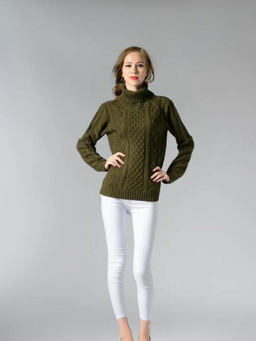 Cable-Knit Turtleneck Long Sleeve Sweater | Woman's Casual Acrylic Sweater