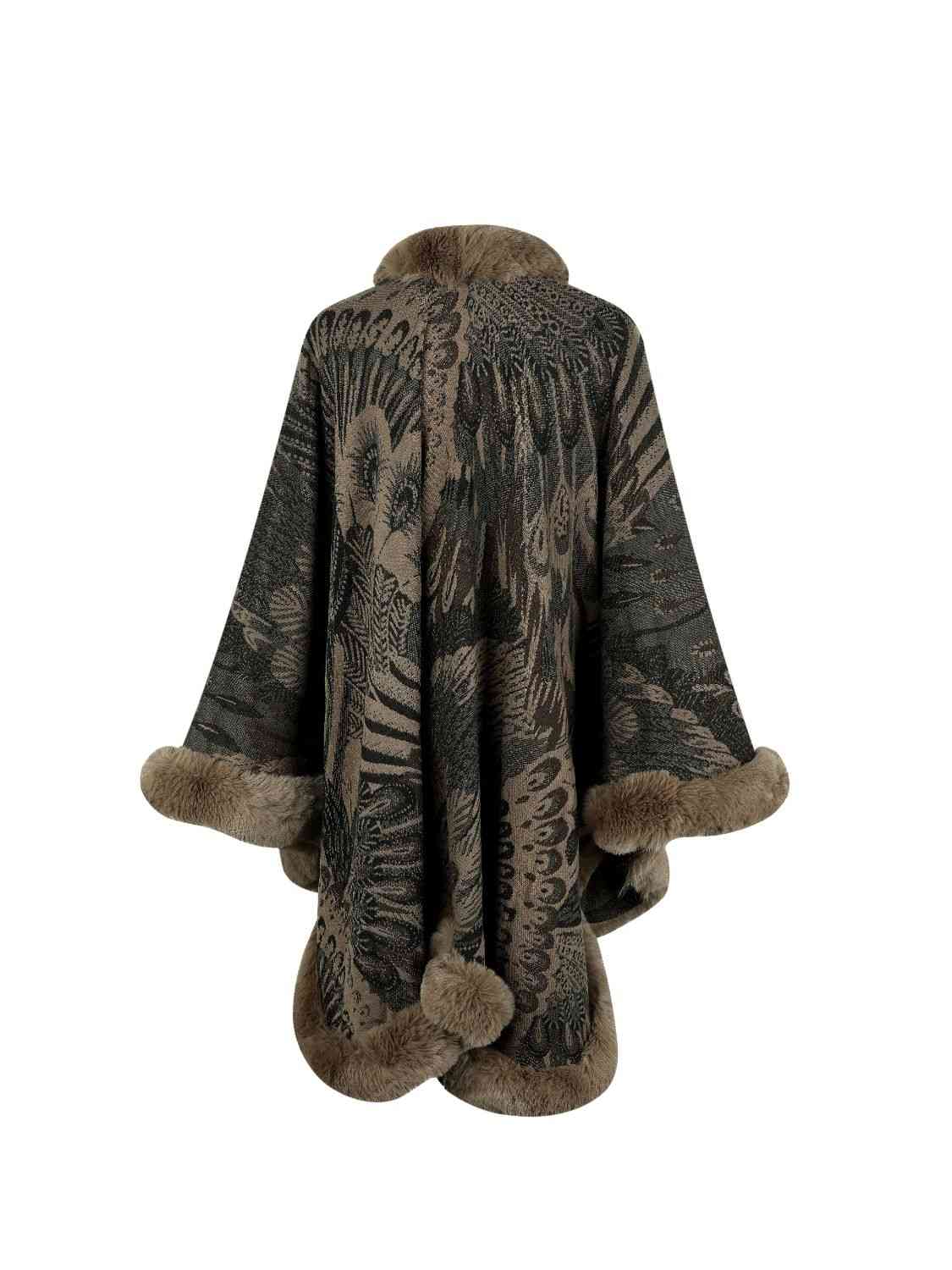 Printed Open Front Poncho | Casual Woman's Acrylic Poncho With Fur Detail