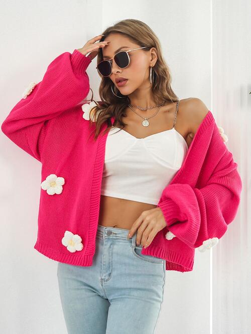 Floral Open Front Long Sleeve Cardigan | Ribbed Cuffs & Hem Acrylic Cardigan