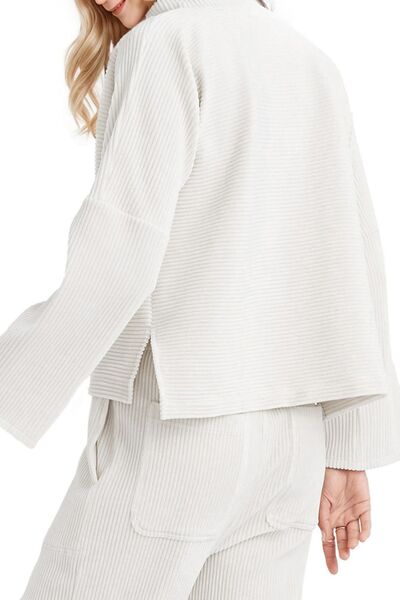 Turtleneck Slit Dropped Shoulder Sweater | Casual Polyester Ribbed Sweater