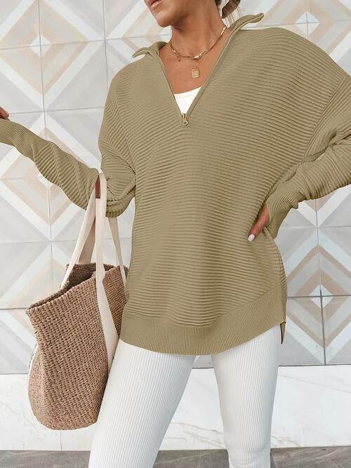 Half Zip Long Sleeve Knit Top | Casual Woman's Solid Stretchy Drop Shoulder Top