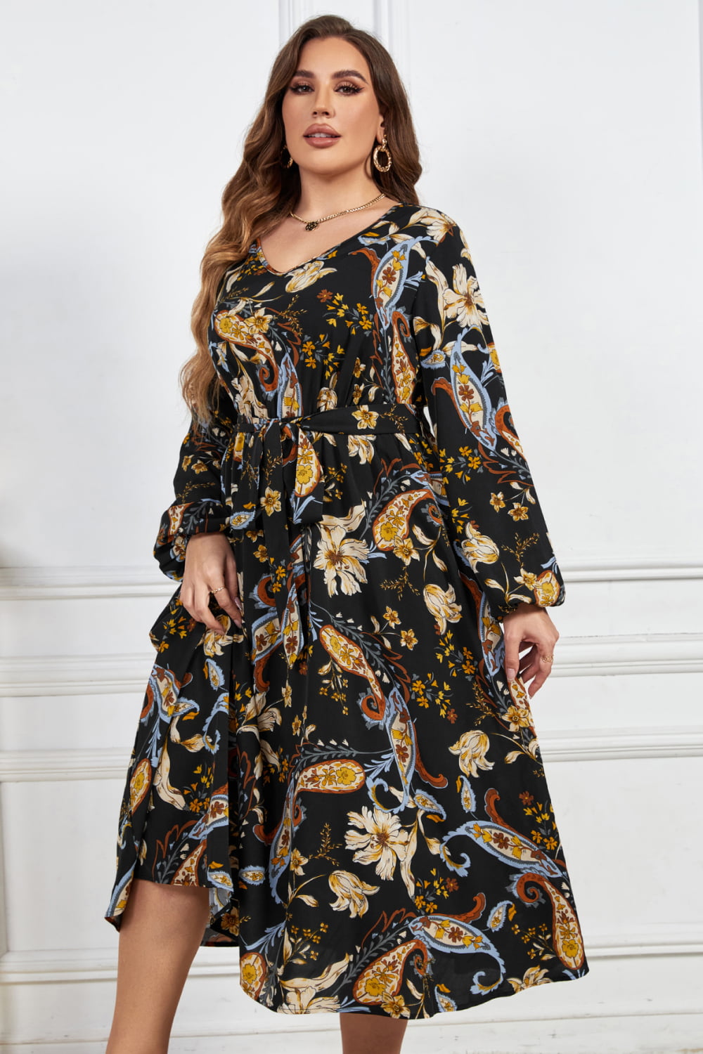 Plus Size Floral Print Tie Belt Balloon Sleeve Midi Dress