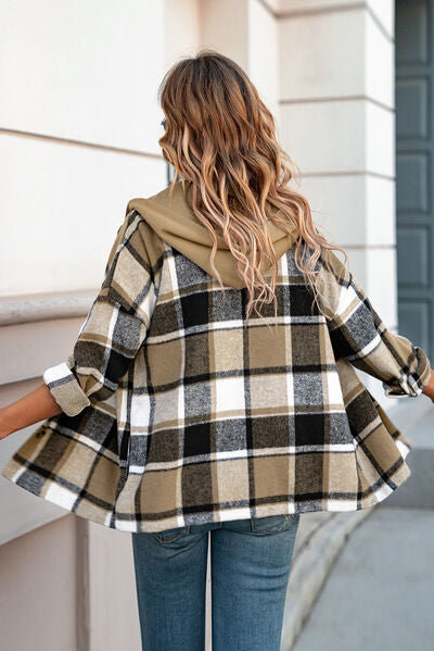 Button Up Plaid Hooded Jacket | Casual Polyester Modern Jacket With long Sleeves