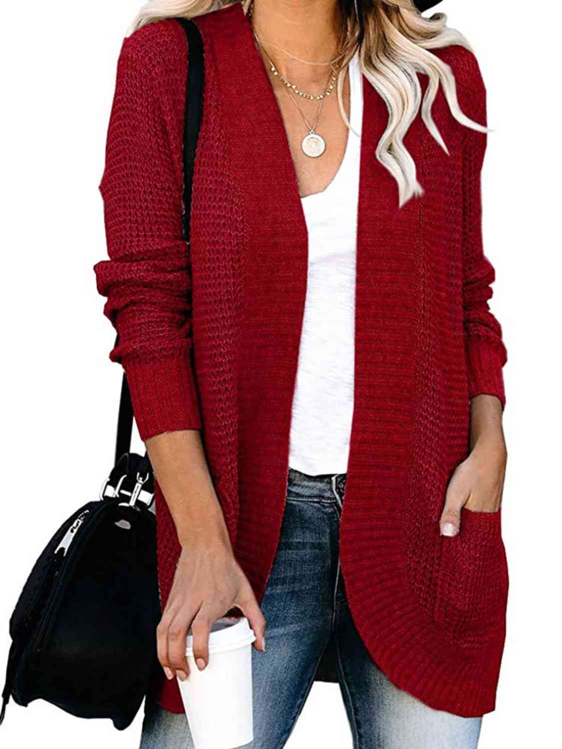 Open Front Long Sleeve Cardigan | Casual Polyester Cardigan With Side Pockets