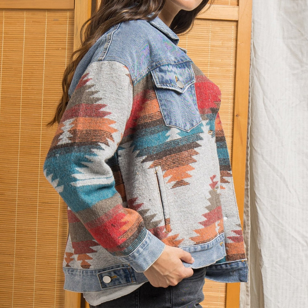 Printed Button Down Denim Shacket | Casual Cotton Jacket With Collar Neckline