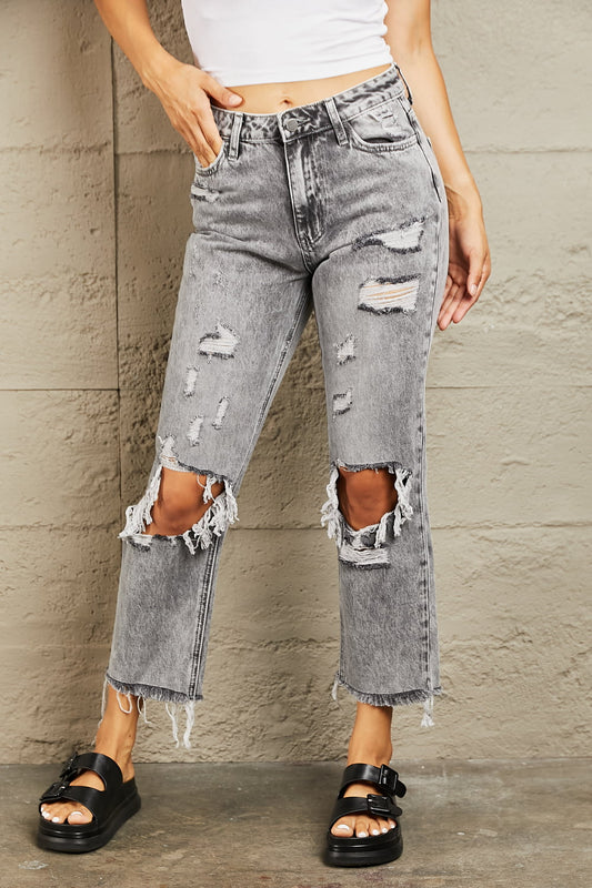 BAYEAS Acid Wash Distressed Straight Jeans | Casual Cropped Cotton Solid Jeans