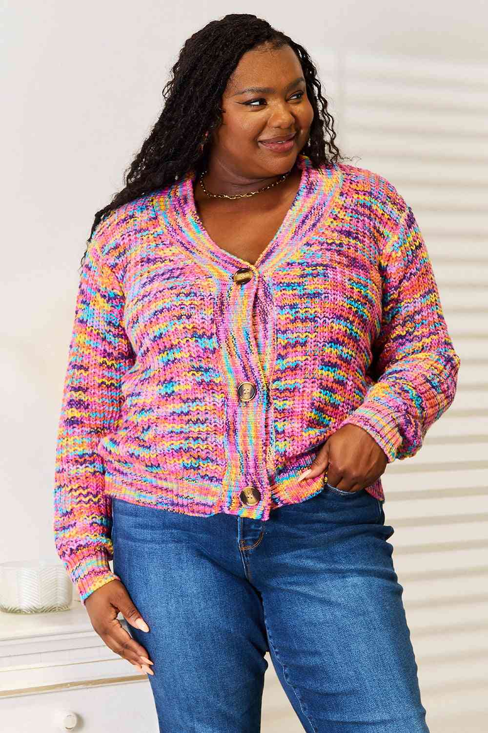 Woven Right V-Neck Long Sleeve Cardigan | Casual Multicolor Acrylic Cardigan