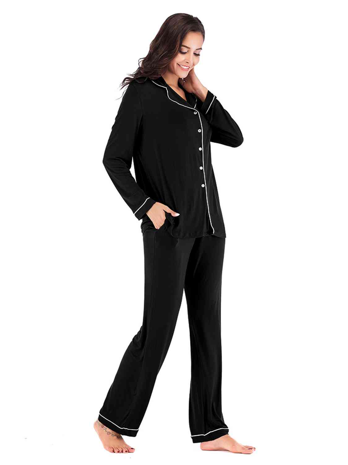Collared Neck Long Sleeve Loungewear Set with Pockets | Stretchy Nylon Set