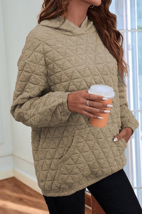 Quilted Long Sleeve Hoodie with Pocket | Polyester Hoodie With Cuffed Sleeves