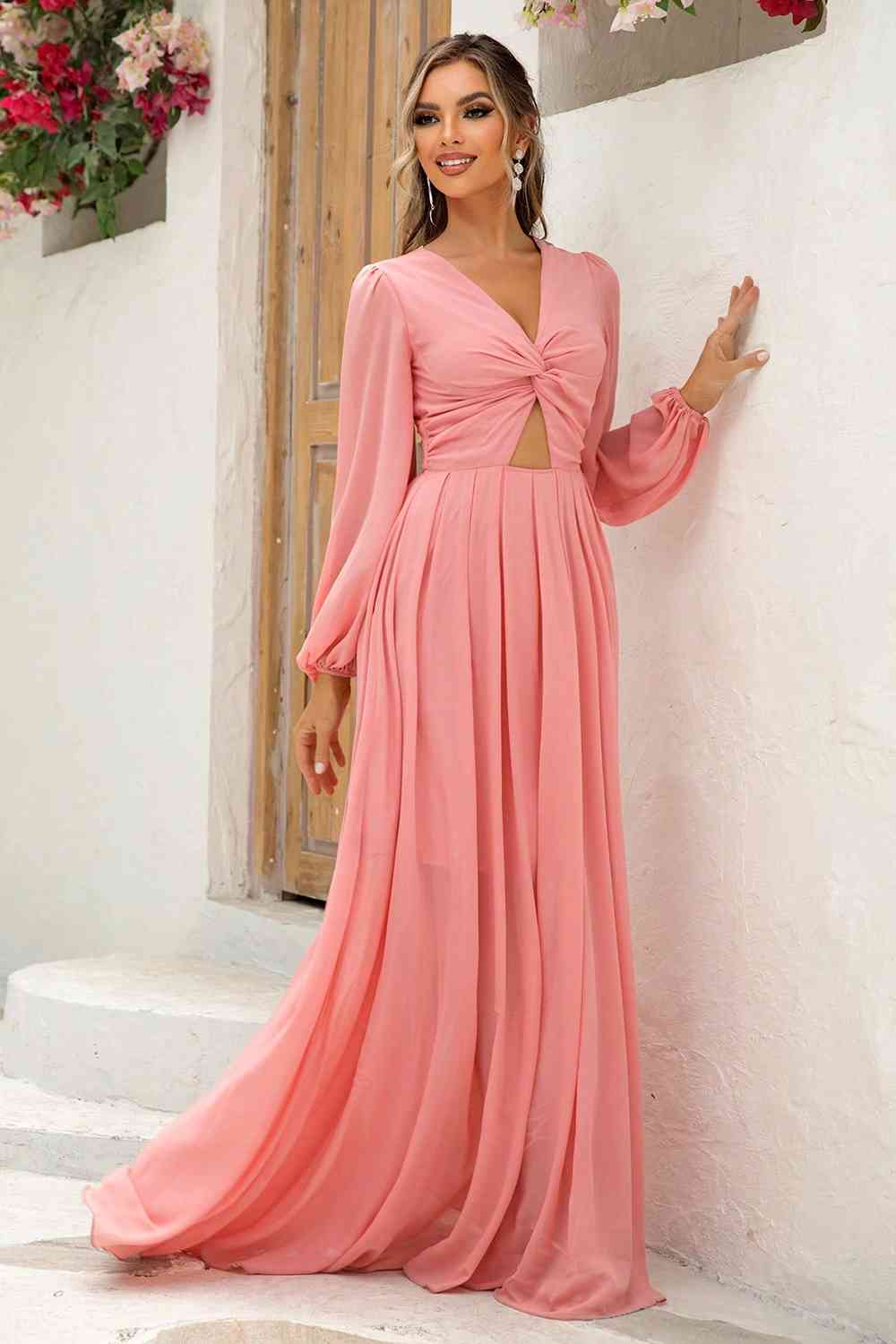 Twist Front Cutout Long Sleeve Dress | Formal Maxi Solid Polyester Dress