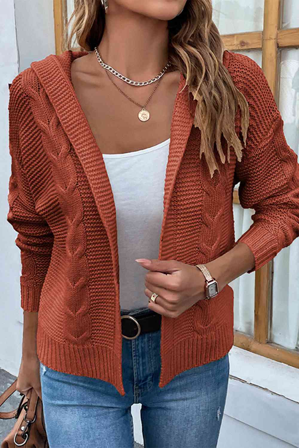 Cable-Knit Dropped Shoulder Hooded Cardigan | Casual Solid Ribbed Cardigan