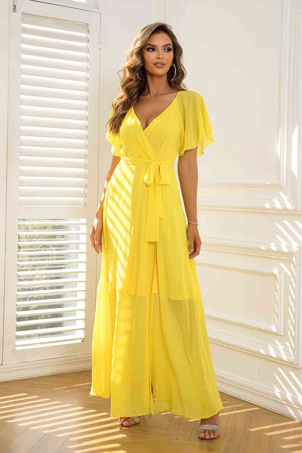 Tie Waist Flutter Sleeve Maxi Dress | Solid Semi-Formal Polyester Dress