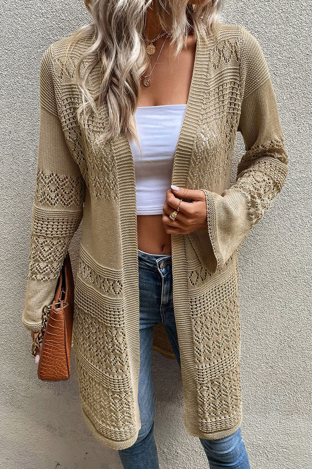 Open Front Longline Cardigan | Solid Stretchy Acrylic Cardigan With Long Sleeves