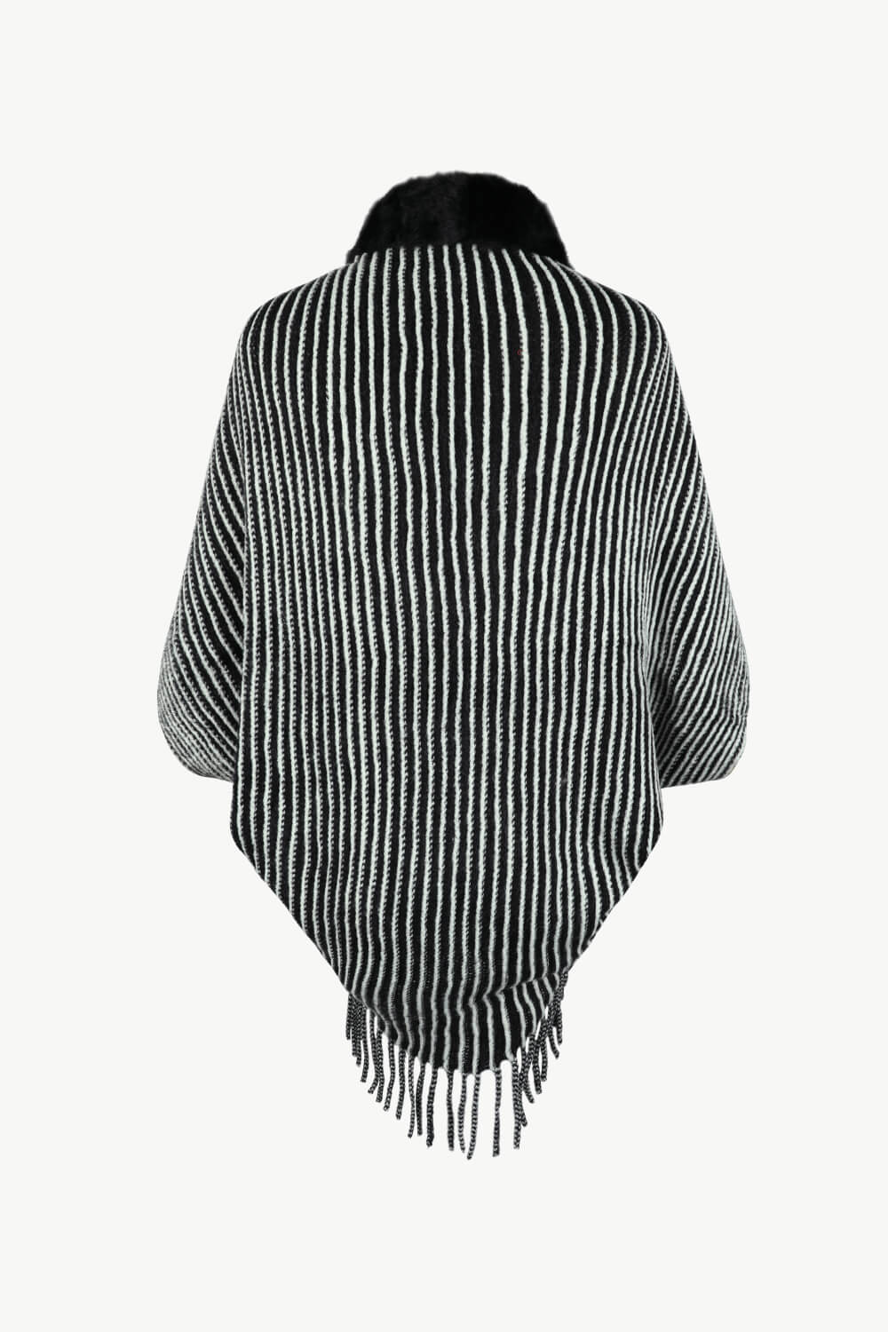 Striped Open Front Fringe Poncho | Casual Woman's Stretchy Polyester Poncho