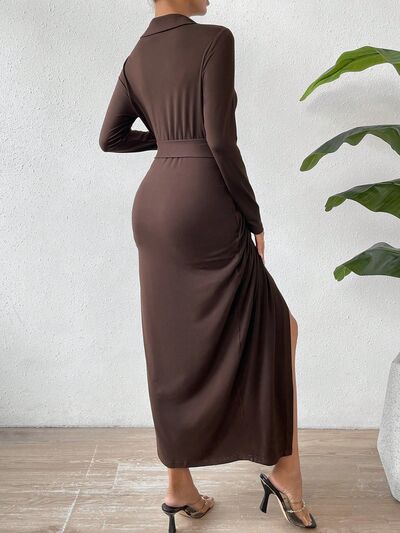 Tied Slit Long Sleeve Wrap Dress | Formal Midi Polyester Dress W/ Collar Neck