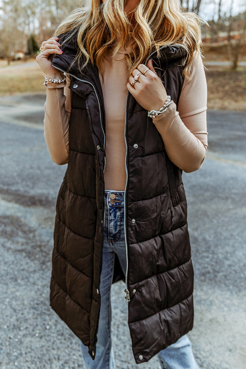 Longline Hooded Sleeveless Puffer Vest | Woman's Polyamide Vest With Pockets