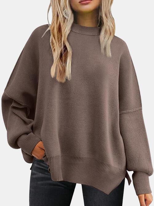 Round Neck Drop Shoulder Slit Sweater | Woman's Casual Stretchy Ribbed Sweater