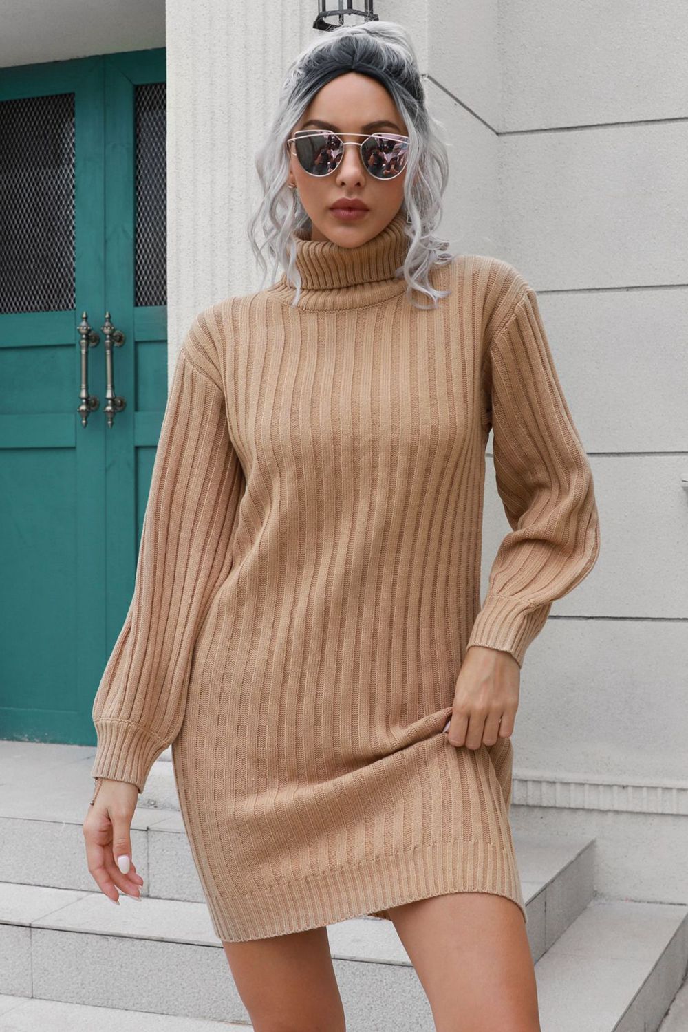 Ribbed Turtle Neck Long Sleeve Mini Sweater Dress | Solid Acrylic Sweater Dress