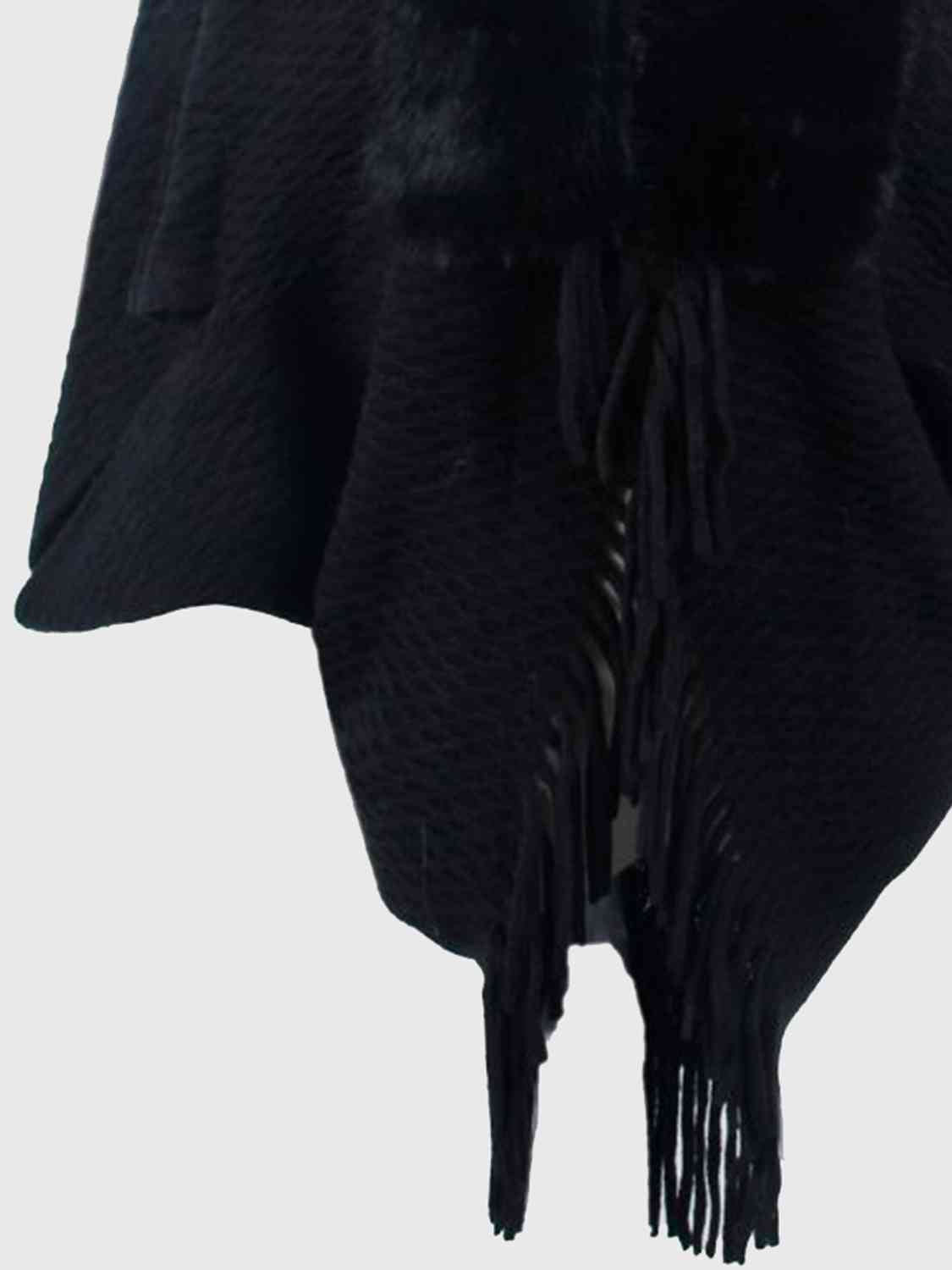 Open Front Fringe Hem Poncho | Casual Solid Fur Stretchy Polyester Poncho