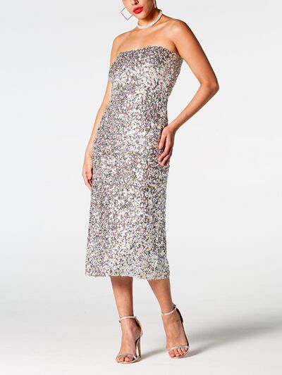 Sequin Straight Neck Midi Wrap Dress |  Formal Sleeveless Strapless Sequin Dress