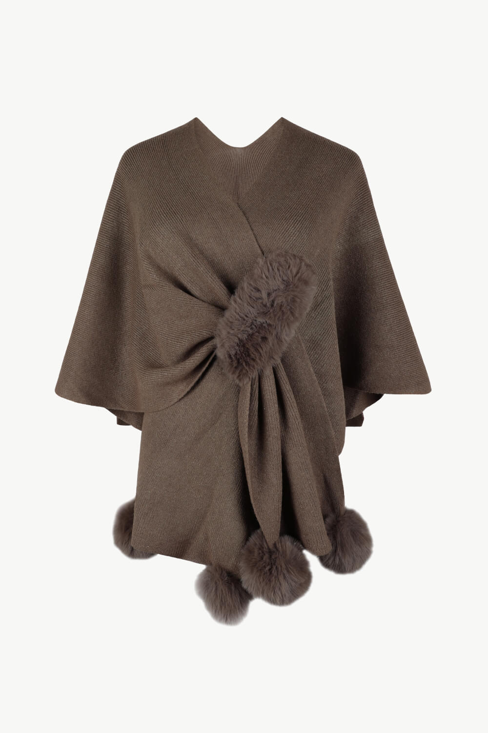 Surplice Neck Pom-Pom Trim Poncho | Casual Solid Stretchy Polyester Poncho