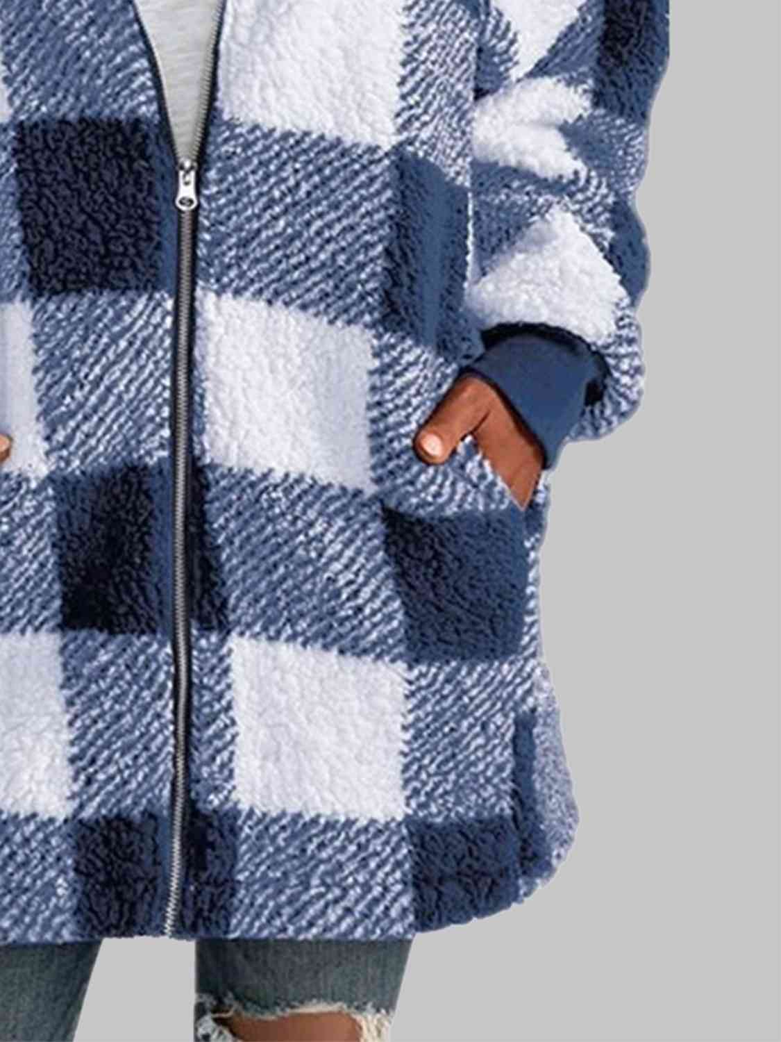 Plaid Zip-Up Hooded Jacket with Pockets | Warm Cozy Fuzzy Sherpa Jacket Shirt