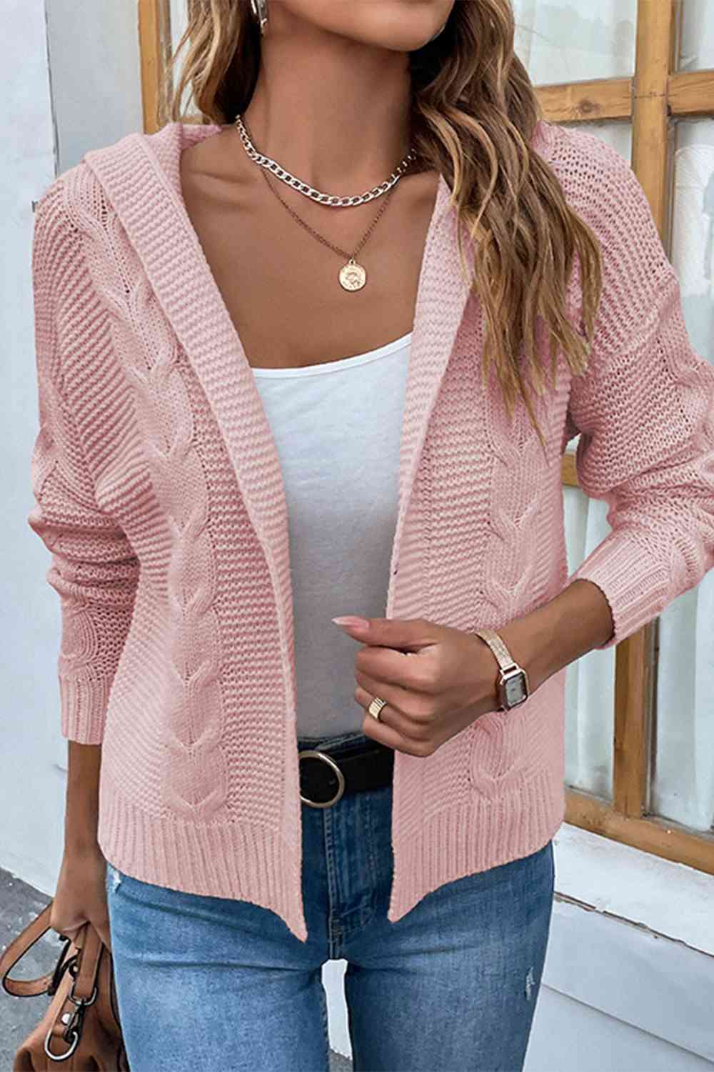 Cable-Knit Dropped Shoulder Hooded Cardigan | Casual Solid Ribbed Cardigan