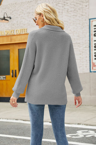 Ribbed Johnny Collar Pullover Sweater | Woman's Sweater With Cuffed Sleeves