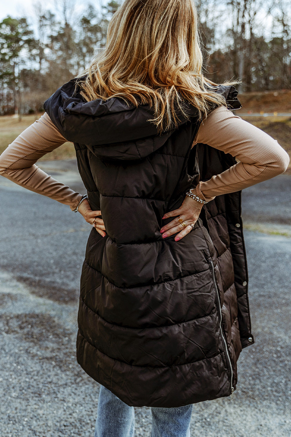 Longline Hooded Sleeveless Puffer Vest | Woman's Polyamide Vest With Pockets