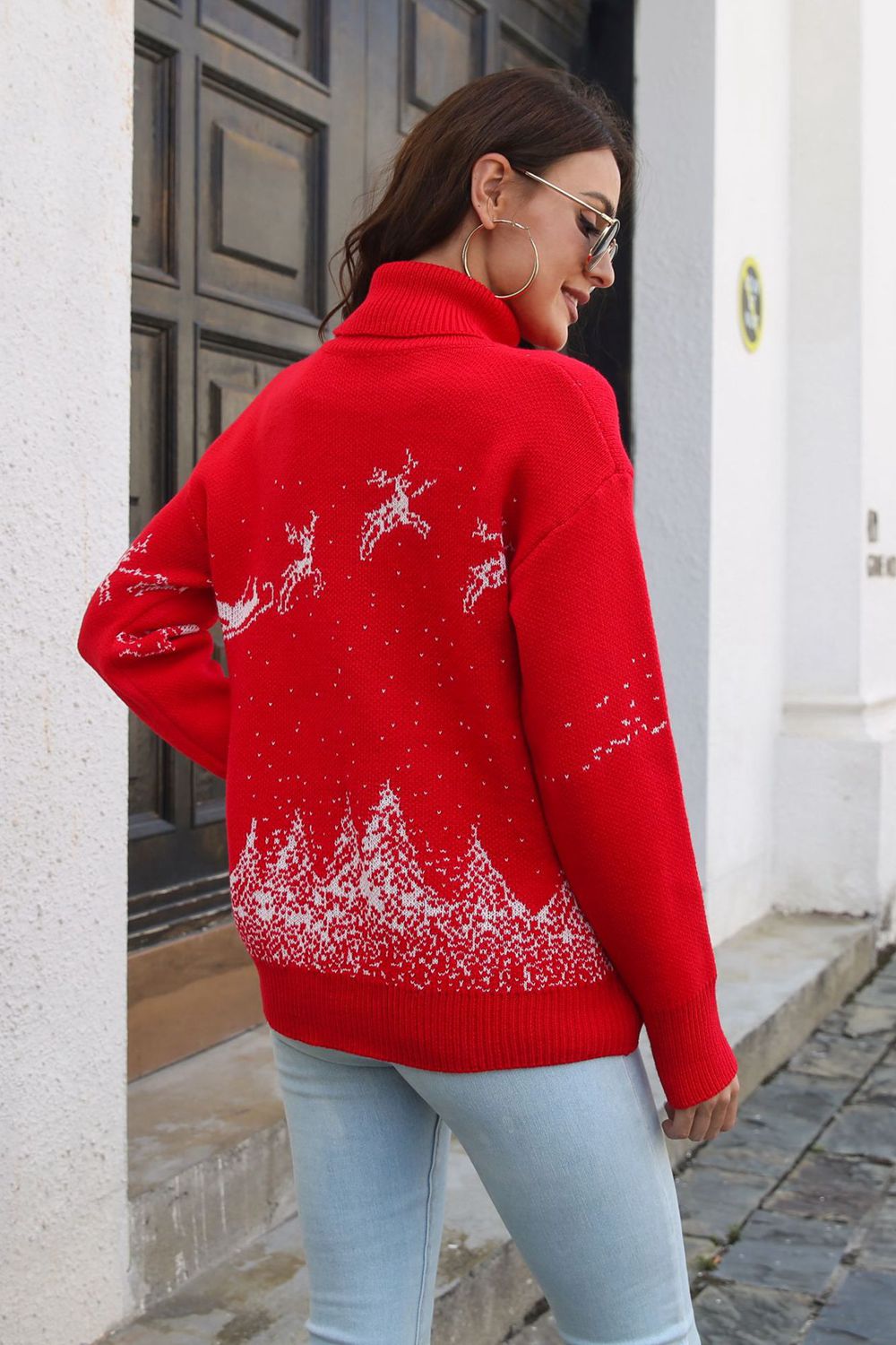 Reindeer & Snow Pattern Turtle Neck Pullover Sweater | Ribbed Acrylic Sweater