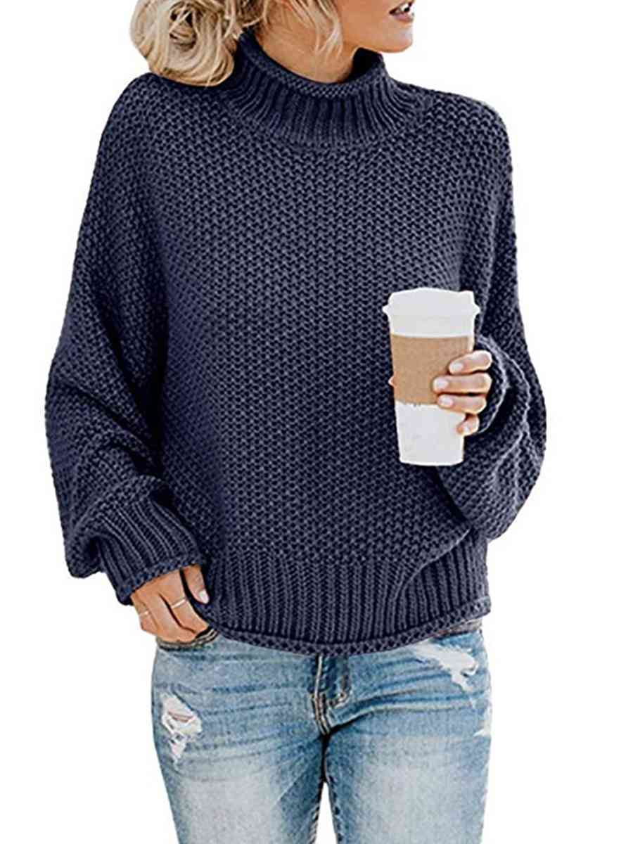 Turtleneck Dropped Shoulder Sweater | Casual Relaxed Fit Stretch Sweater