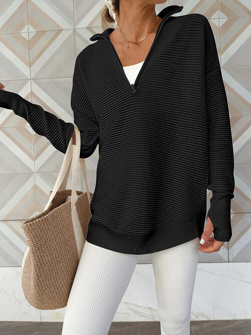 Half Zip Long Sleeve Knit Top | Casual Woman's Solid Stretchy Drop Shoulder Top