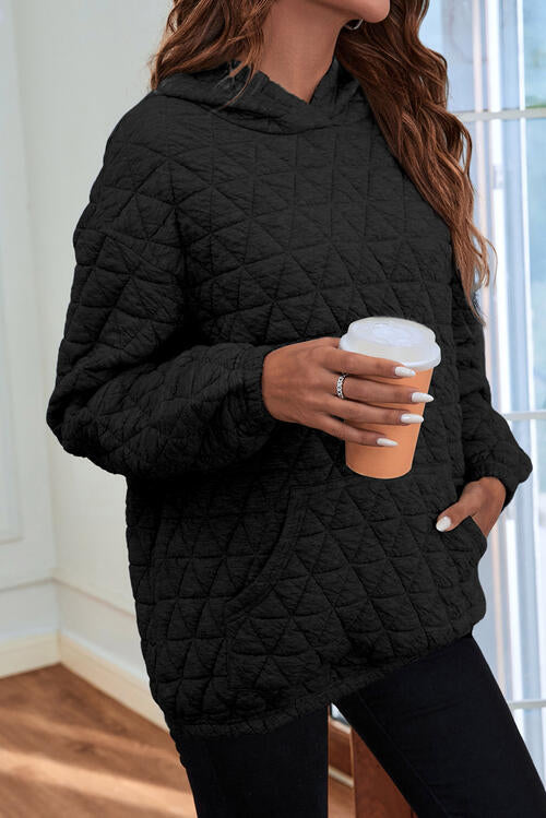 Quilted Long Sleeve Hoodie with Pocket | Polyester Hoodie With Cuffed Sleeves