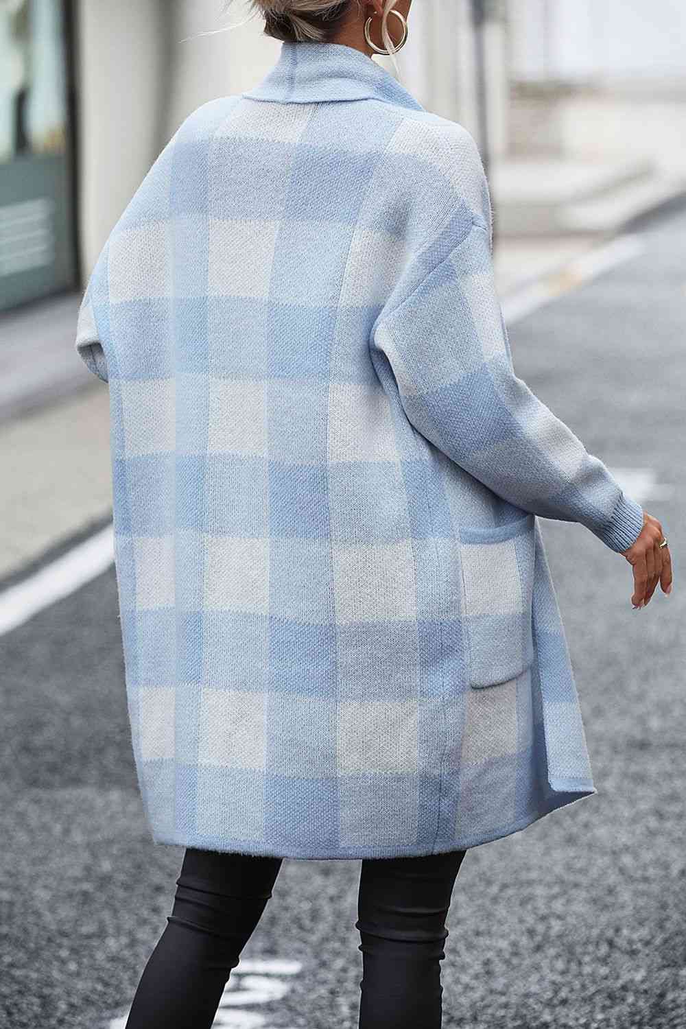 Plaid Dropped Shoulder Cardigan with Pocket | Checkered Open Frond Cardigan