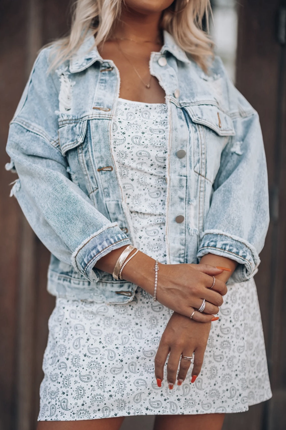 Distressed Drop Shoulder Denim Jacket | Pocketed Cotton Jacket With Buttons