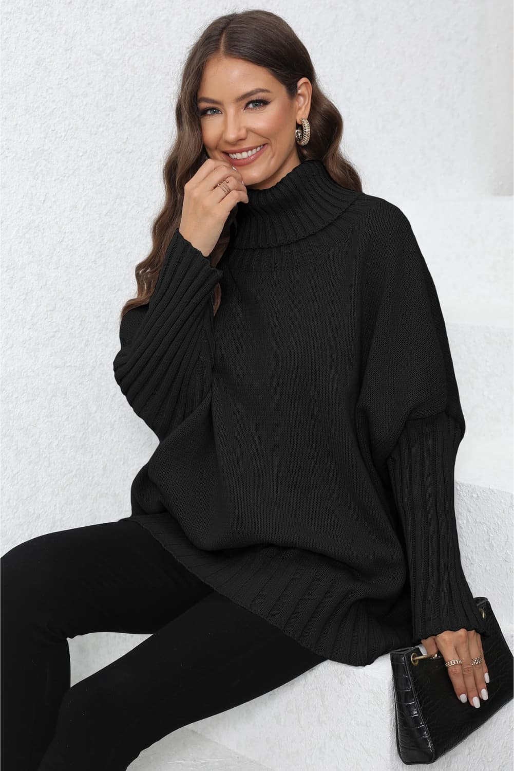 Turtle Neck Long Sleeve Ribbed Sweater | Casual Dolman Sleeve Ribbed Hem Sweater