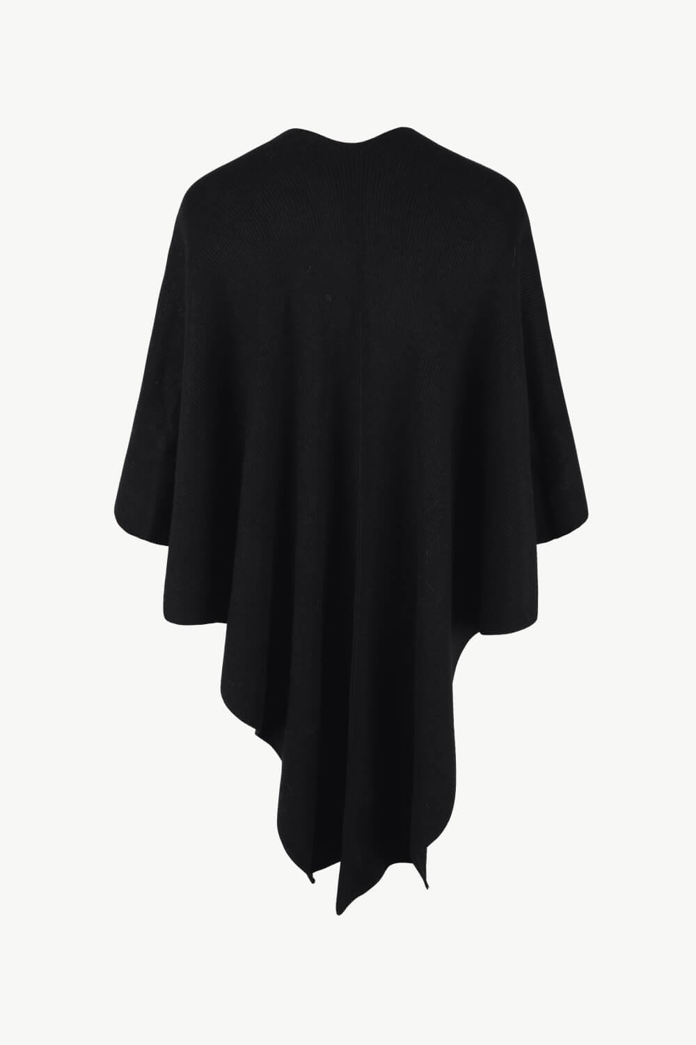 Surplice Neck Pom-Pom Trim Poncho | Casual Solid Stretchy Polyester Poncho