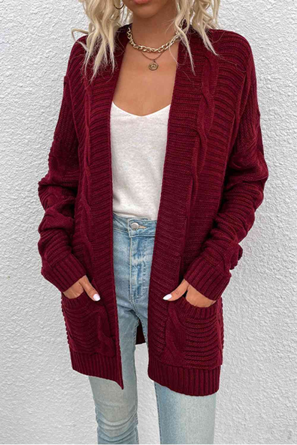 Cable-Knit Open Front Cardigan with Pockets | Casual Ribbed Polyester Cardigan