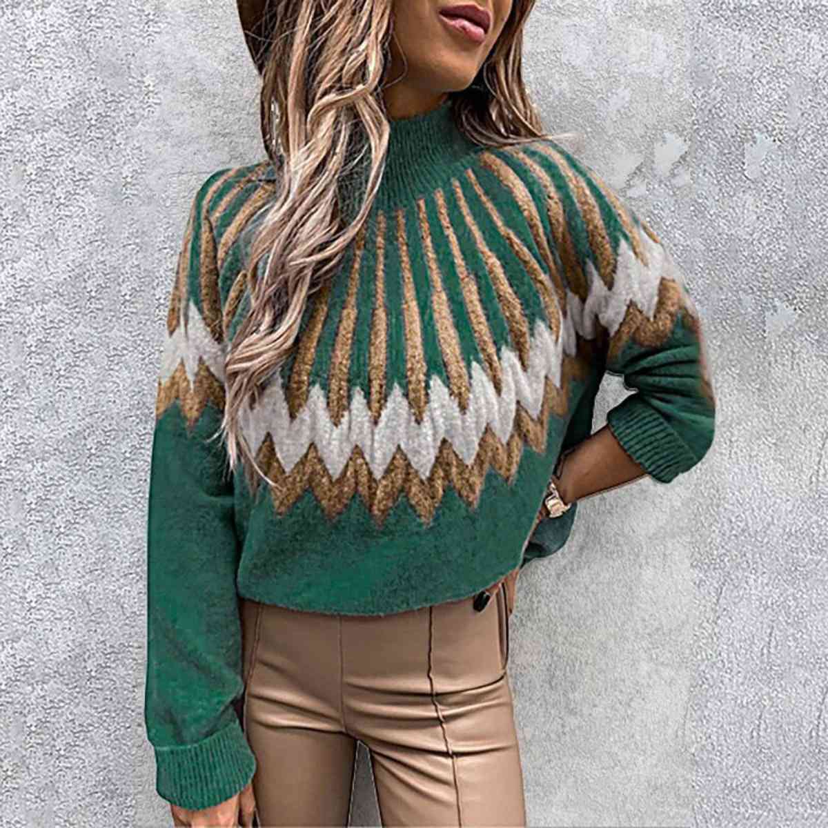 Mock Neck Long Sleeve Sweater | Patterned Sweater With Ribbed Cuffs And Neckline