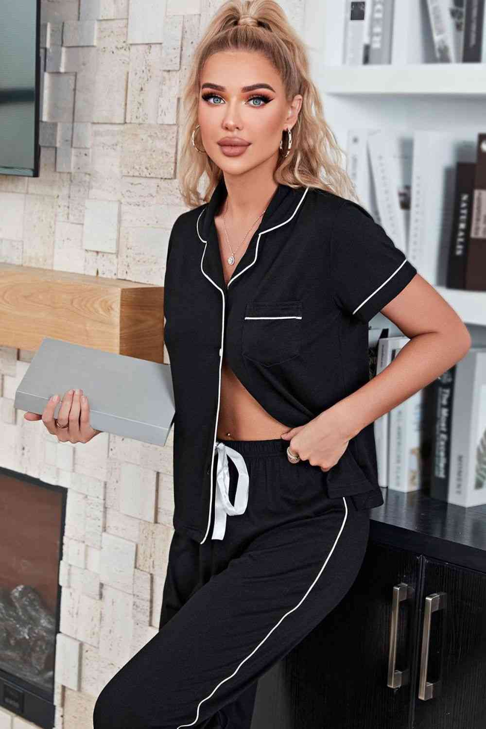 Contrast Piping Short Sleeve Top and Pants Pajama Set | Pajama With Lapel Collar